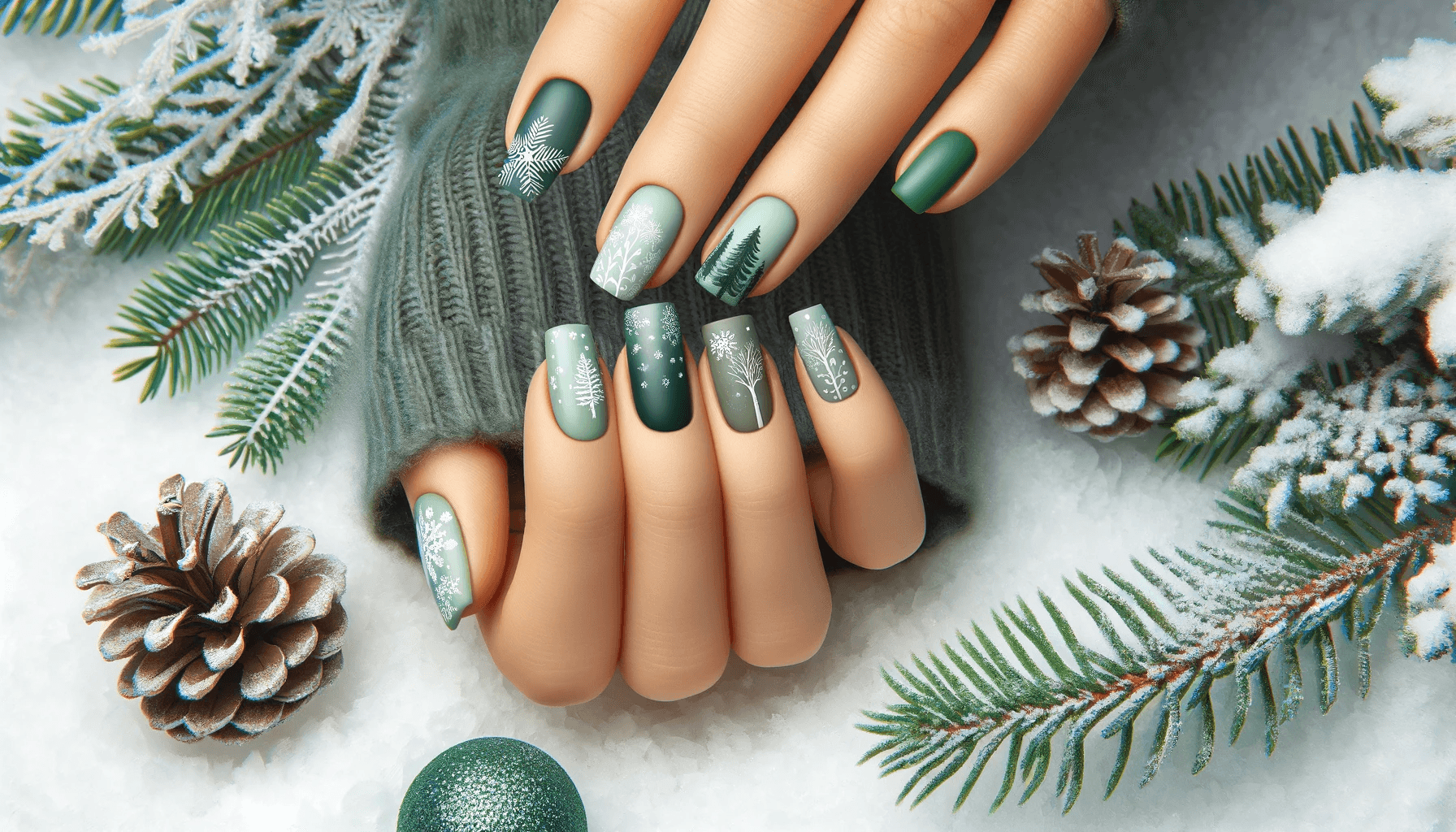 manicure w kolorze zieleni na zimę