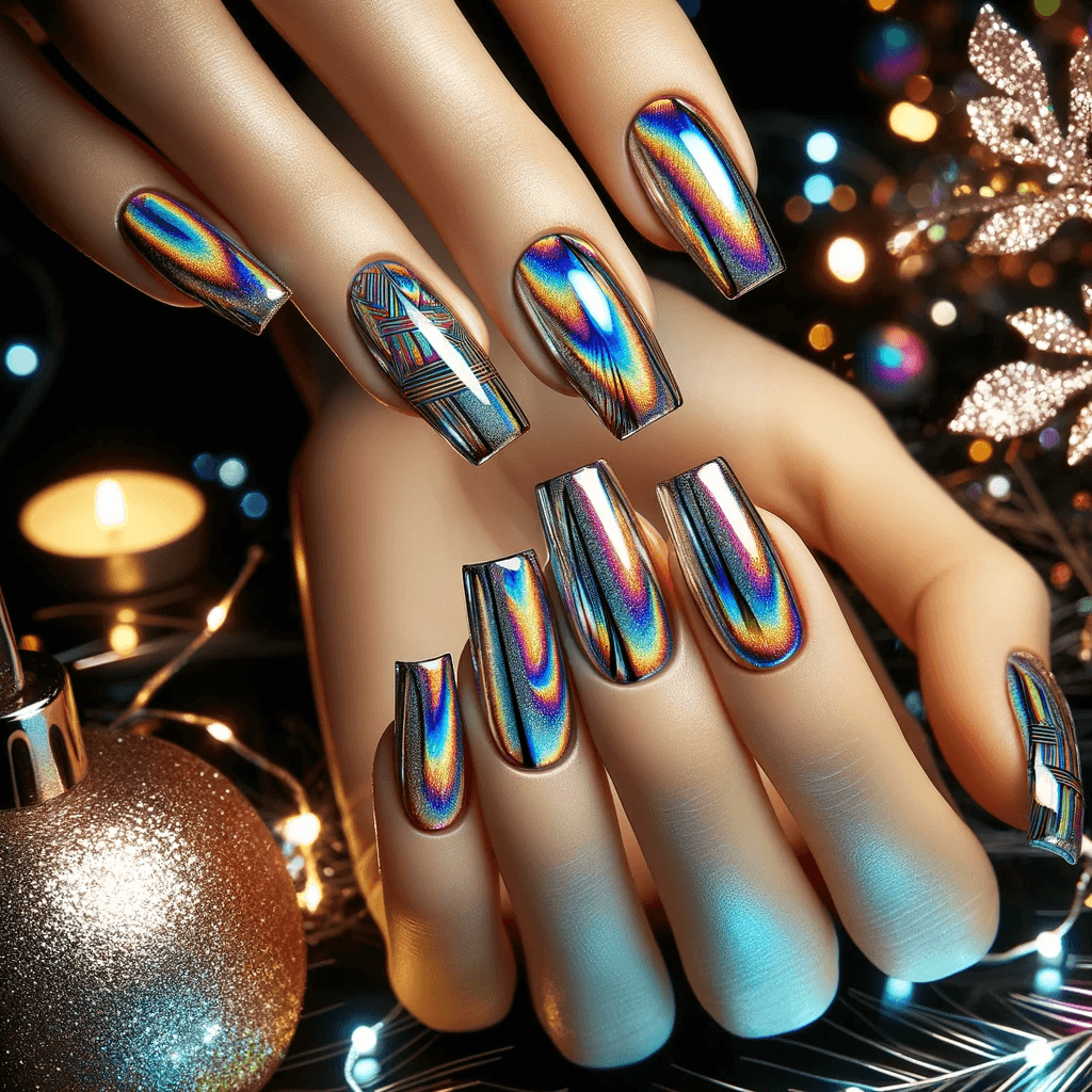 Noworoczne paznokcie z holograficznym efektem, prezentujące hipnotyzujący tęczowy blask, idealne dla tych, którzy szukają unikalnego manicure na Sylwestra, na tle noworocznej zabawy z błyszczącymi światłami